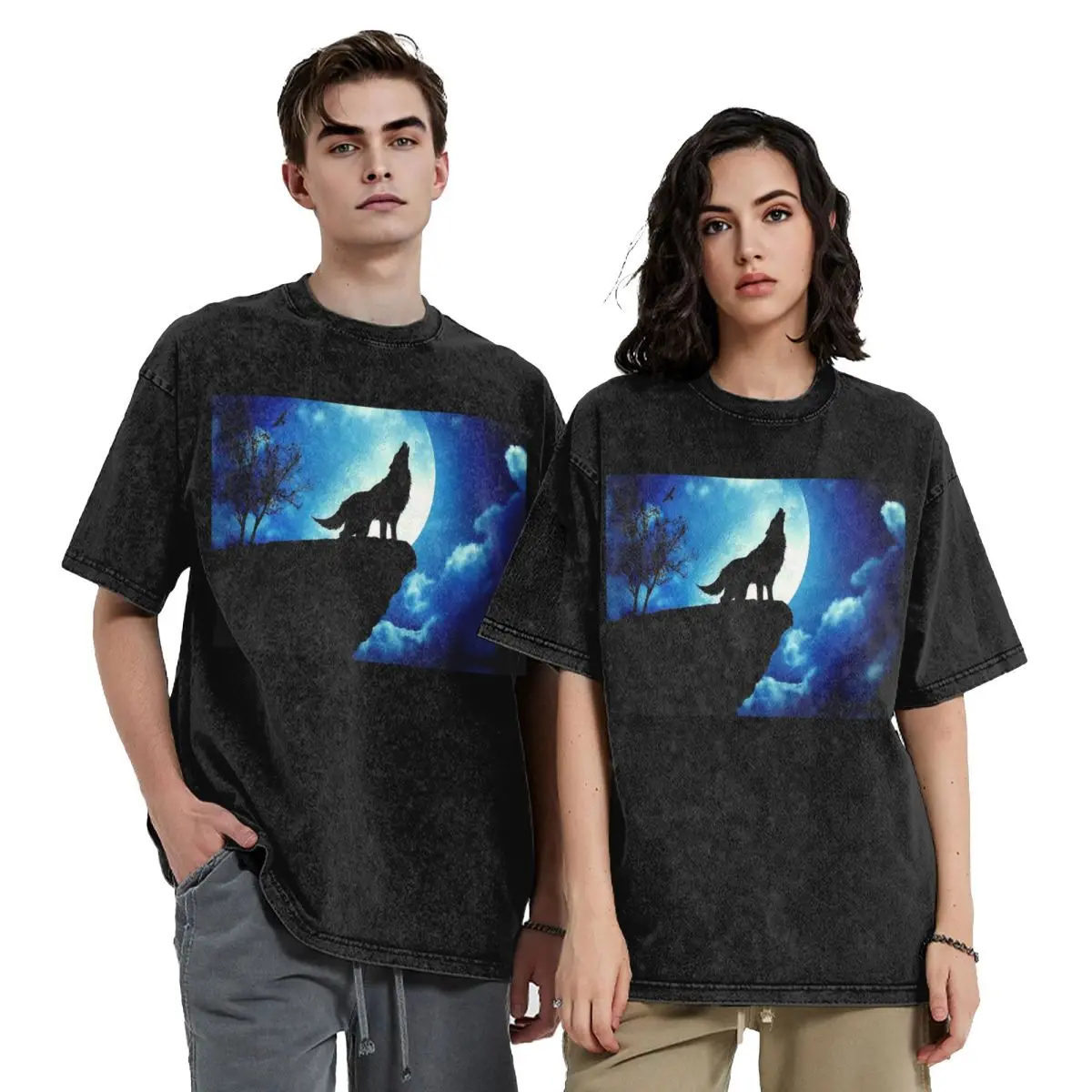 

Howling Wolf Hip Hop Short Sleeve T-Shirts Washed Tops Tees Streetwear T Shirt Printed for Men Women