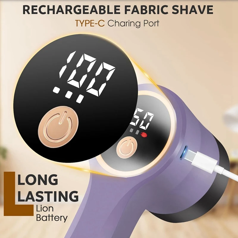 Перезаряжаемая бритва для ткани, электрическое средство для удаления ворса с цифровым дисплеем, портативный дефаззер для свитера с 3 скоростями, прочный фиолетовый