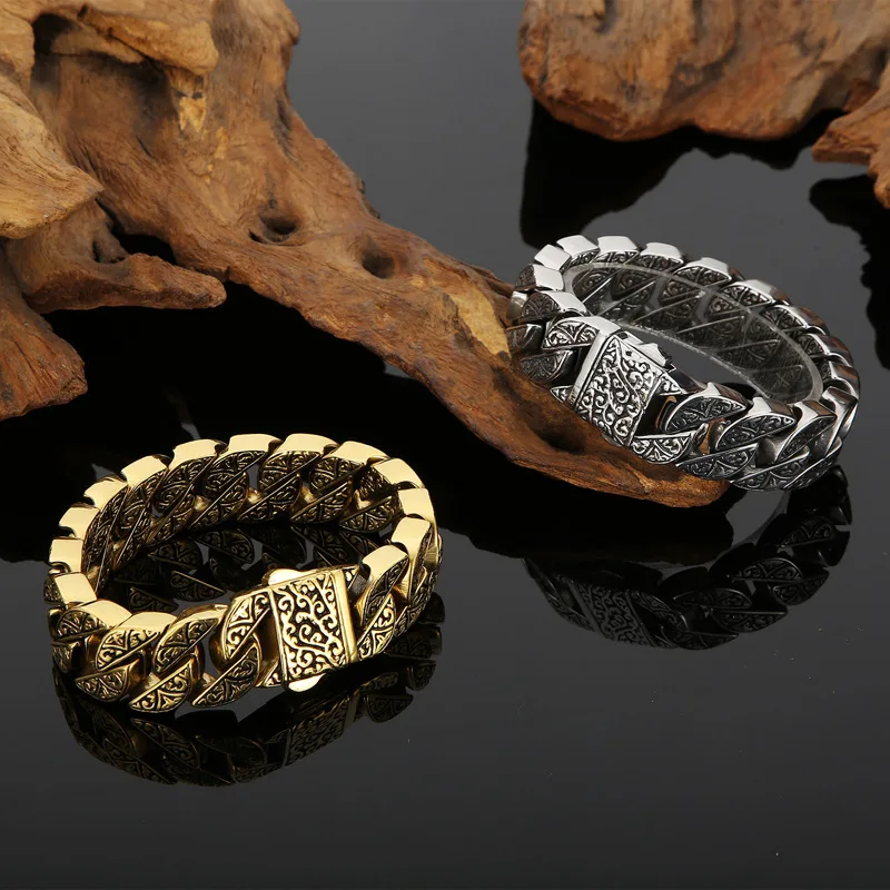HX New Titanium Steel Domineering Trendy Men\'s Personality Carved Pattern Totem Retro Bracelet Temperament All-match Accessories