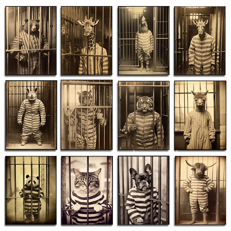 Chicken Rhinos Tiger in Prison Wearing A Striped Suit Funny Posters Prints Canvas Printing Retro Wall Art Picture Home Decor