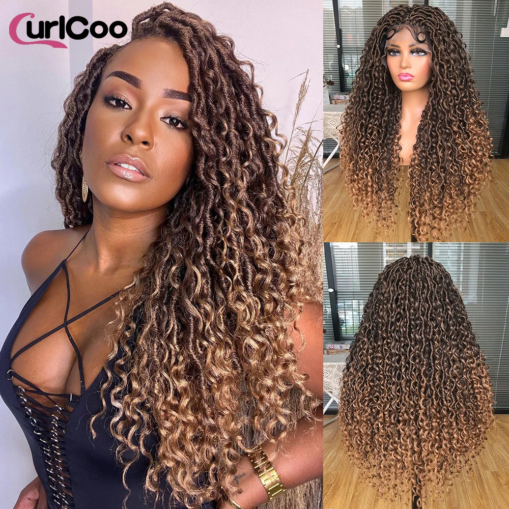 

Парики Goddess Faux Locs для чернокожих женщин, полный кружевной вьющийся синтетический парик с детскими волосами, богемный локоны, твист, вязанный крючком, кудри, плетеный парик