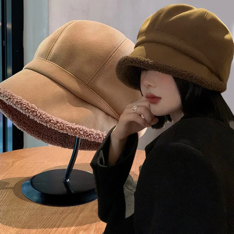 Winter Simple Premium Feel Bucket Hat Velvet Lamb Hair Cap Outdoor Thickened Plus Keep Warm Cute Beret Wide Brim Windproof Cap