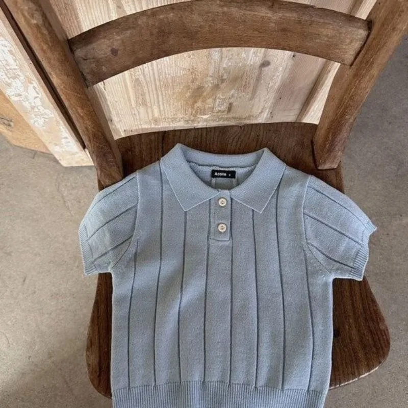 Boys' Spring and Summer Pullover with New Spliced Button Fashion Solid Color Ice Silk Knitted Thin Elegant Short Sleeved Tops