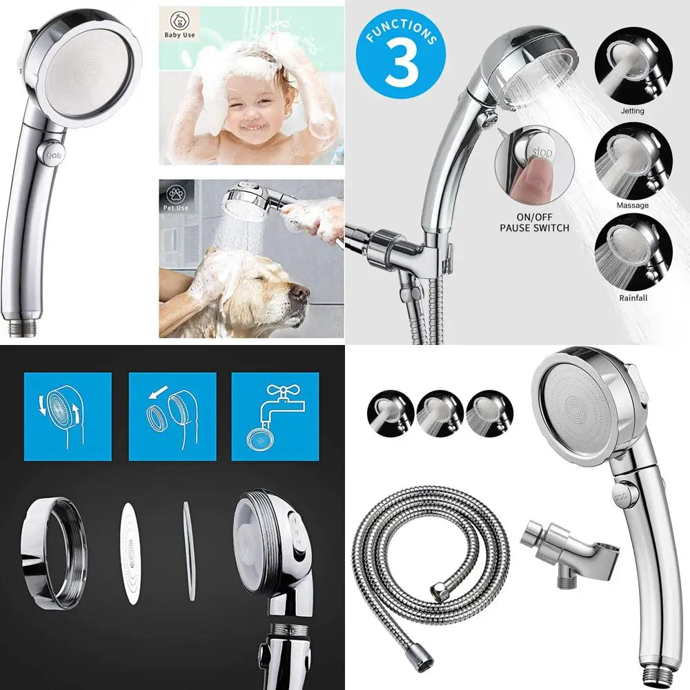 

Portable High-Pressure Shower with Pause Function, 3-Spray Wand, Shut-Off Button, and Adjustable Bracket