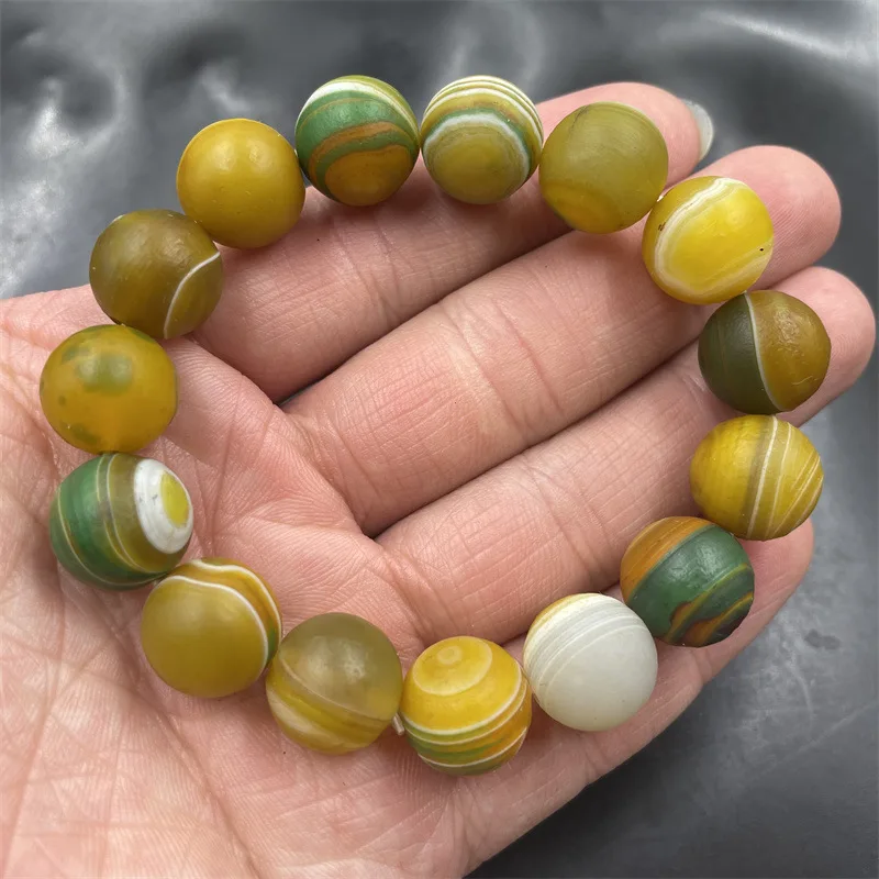14mm Matte Yellow Green Flower Ball Old Agate Bracelet 5