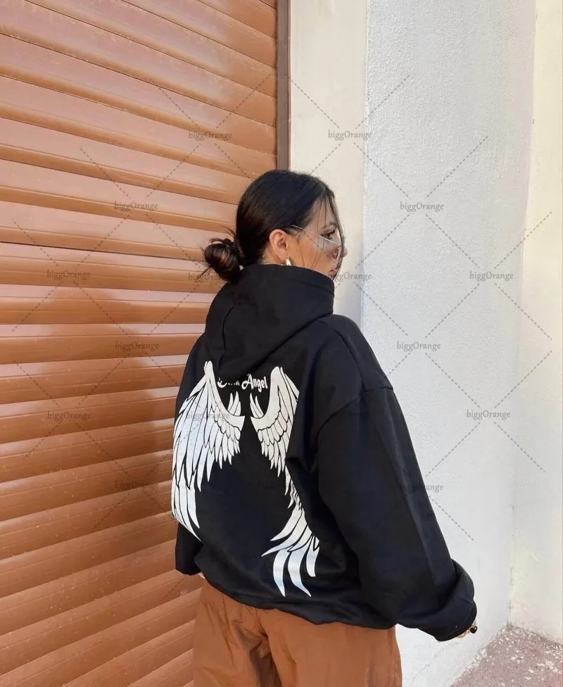 High Street Fashion Versatile Angel Wings Printed Loose Hoodie Men Harajuku Y2K Casual Personalized Oversized Sweatshirt Women