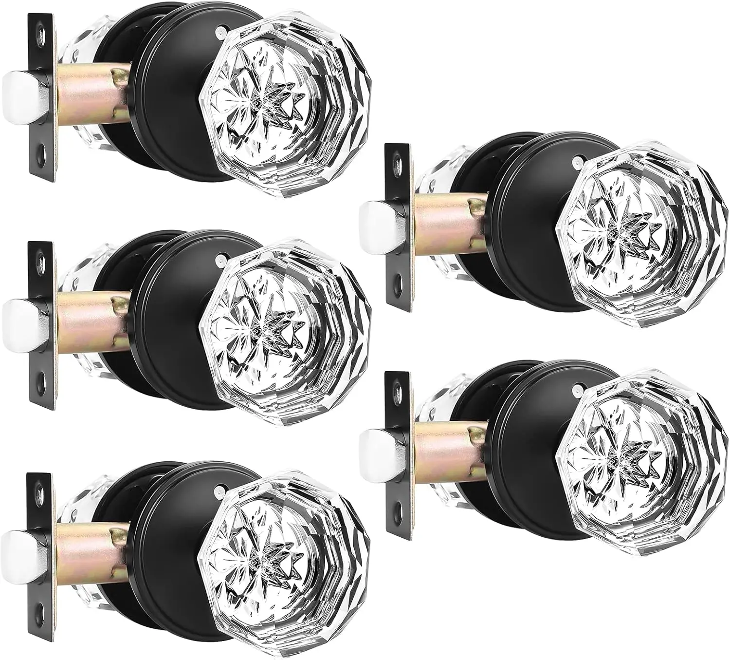 5 Pack Glass Door Knobs with Flat Black Rosette, Bath/Bed Door Knobs for Privacy Use, Keyless Interior Door Handles with Diamond