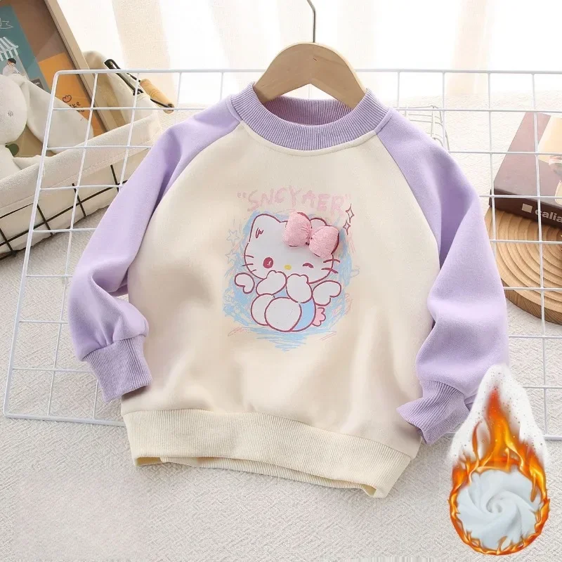 Hello Kitty Anime MINISO Meisjes Plus Kasjmier Hoodie Winter Leuke Lange Kawaii Ins Mouw Kleding Mooie Cadeaus voor Kinderen