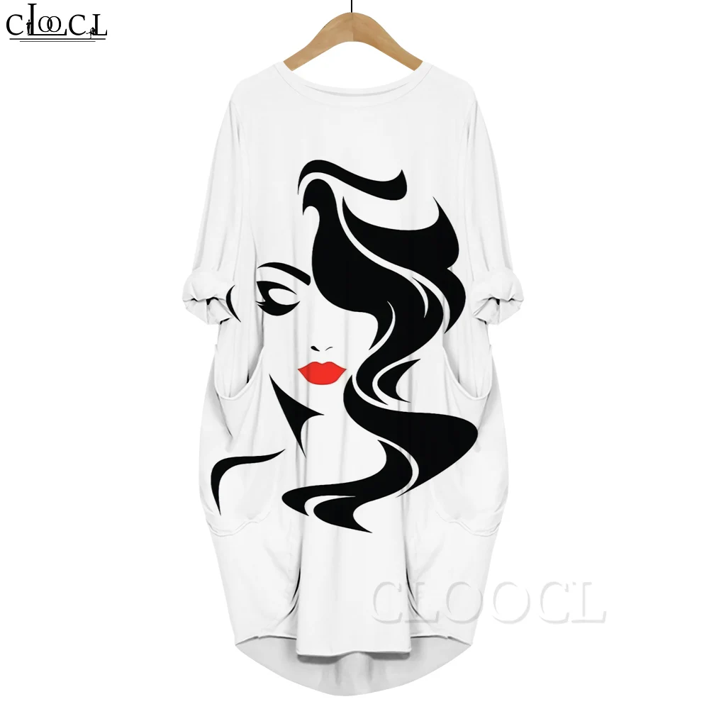 CLOOCL Women Long Sleeve Pocket Dress Cute Cartoon Lamb Pattern 3D Printed Loose Casual Knee-length Dress Summer Female Clothes