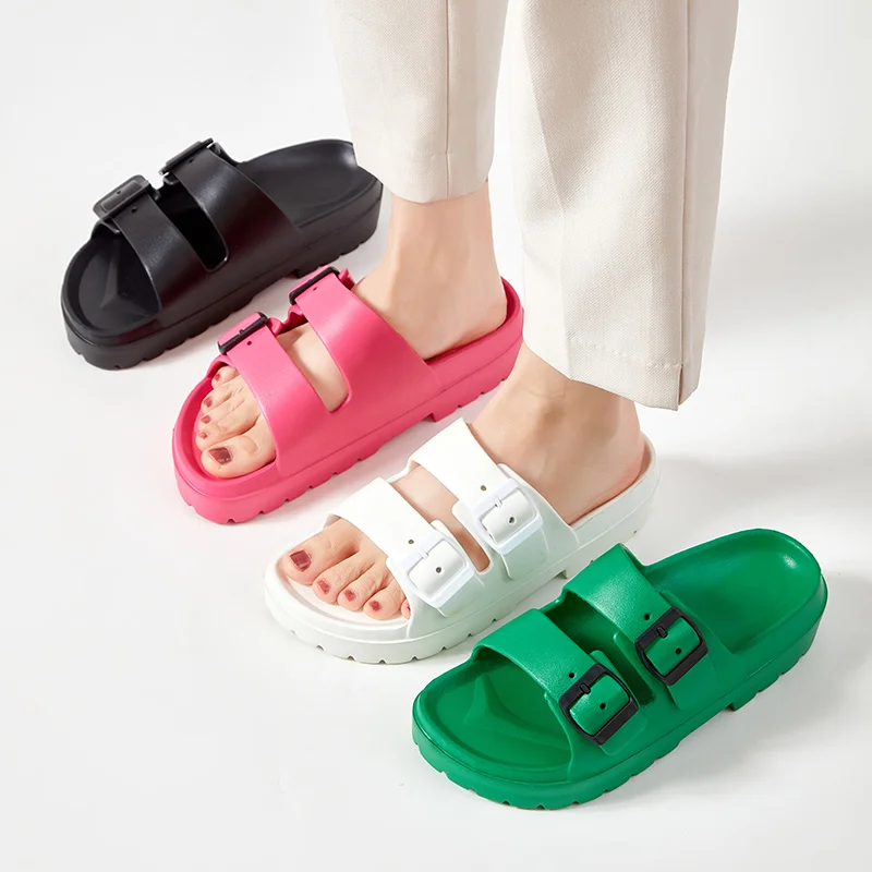 Lightweight Double-Buckle Thick Sole Slippers Women Summer Slip-On Platform Slide Sandals Woman Soft EVA Outdoor Flip Flops