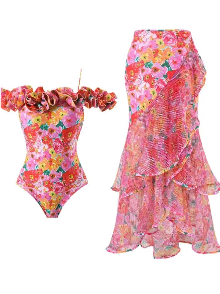 Bikini Retro estampado, traje de baño de una pieza a la moda y cubierta con falda ajustada, vendaje para mujer, playa de verano, elegante de lujo