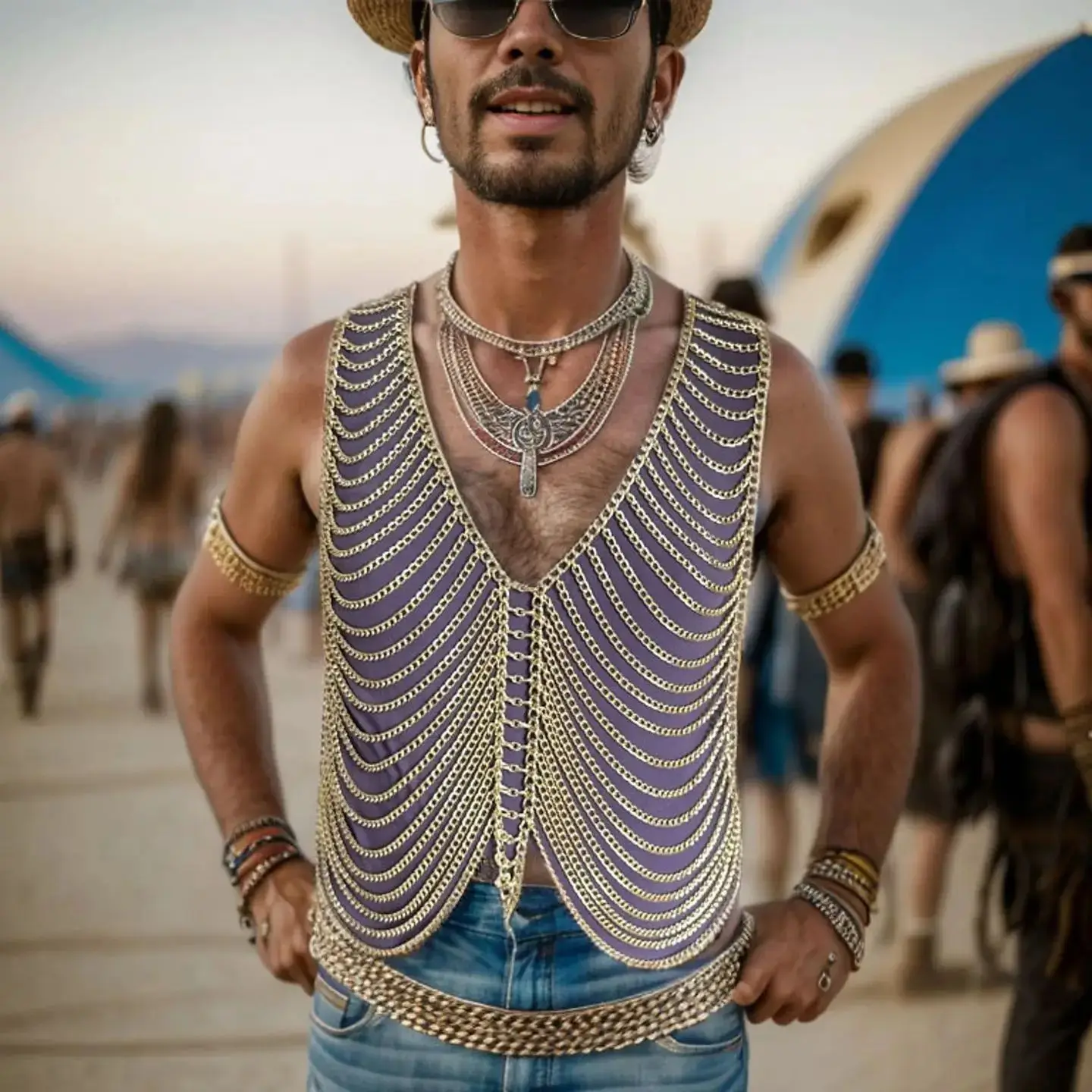Nieuwe metalen ketting Fringe Body Chain herenvest Stijlvol en sexy meerlaagse borstketting Top Nachtclub Party Outfit