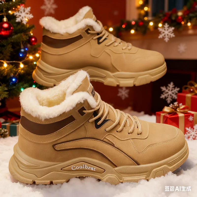 Venda de Natal: Botas de neve masculinas, sapatos quentes promocionais de inverno forrados de lã e engrossados para acampamento ao ar livre, pesca e caça