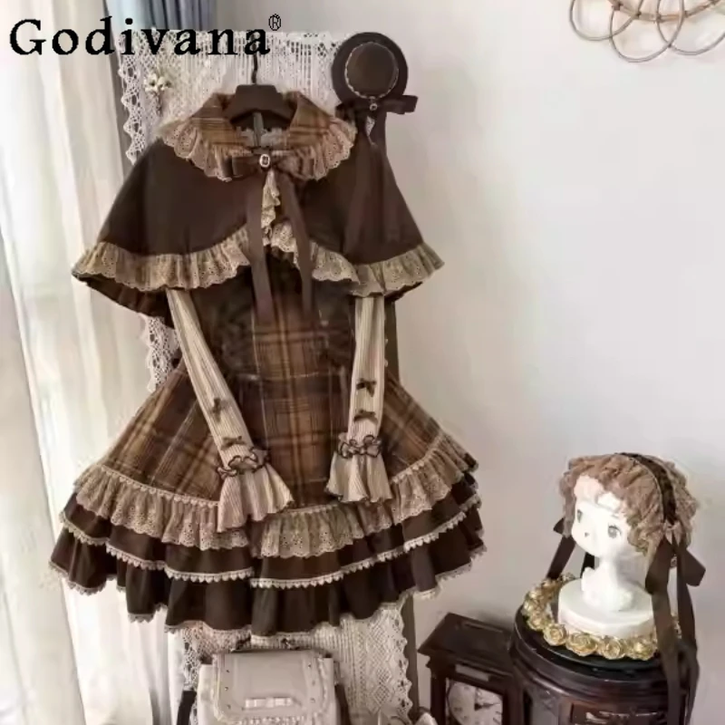 

Autumn Winter Sweet Lolita Retro Plaid Strap Dress Loose Versatile Age-reducing Cloak Long Sleeve Undershirt Three-piece Sets