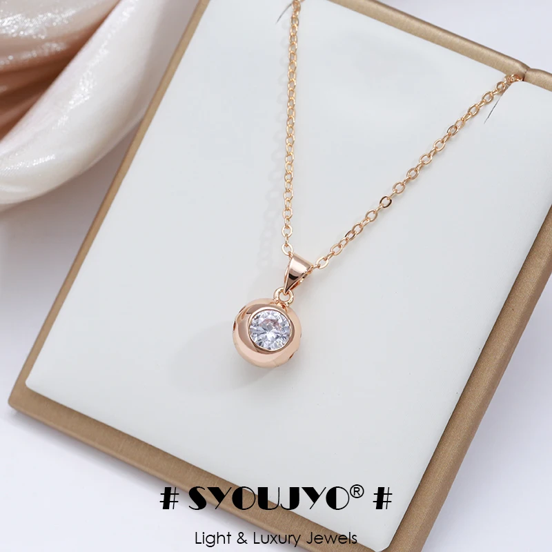 SYOUJYO Sparking Natural Zircon Round Pendant Necklace For Women 585 Rose Gold Color Trend New Jewelry Christmas Party Gift