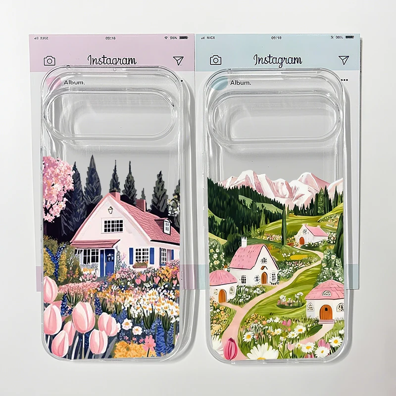 

Mountain Forest Village Phone Case For Google Pixel 10 7A 9 Pro XL 8 Pro 6 7 8A 5G Pink House Landscape Clear Soft TPU Cover Bag