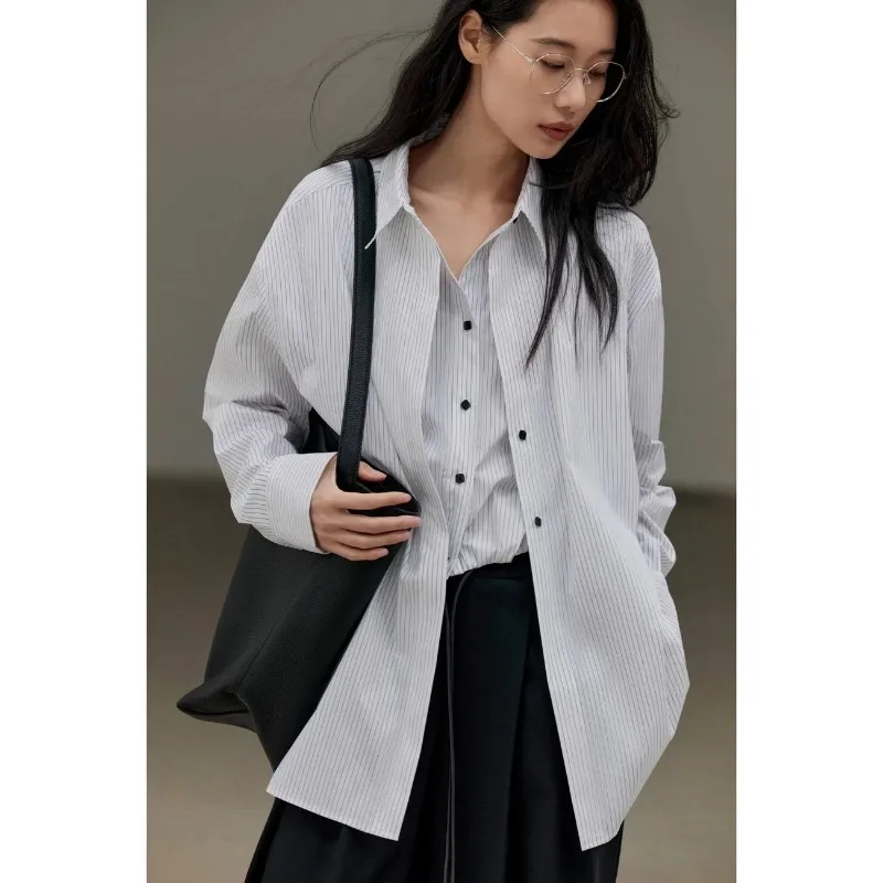

Women's Button-up Cardigan Casual Fake Two-piece Contrasting Color Splicing Loose Lapel Striped Shirt Top