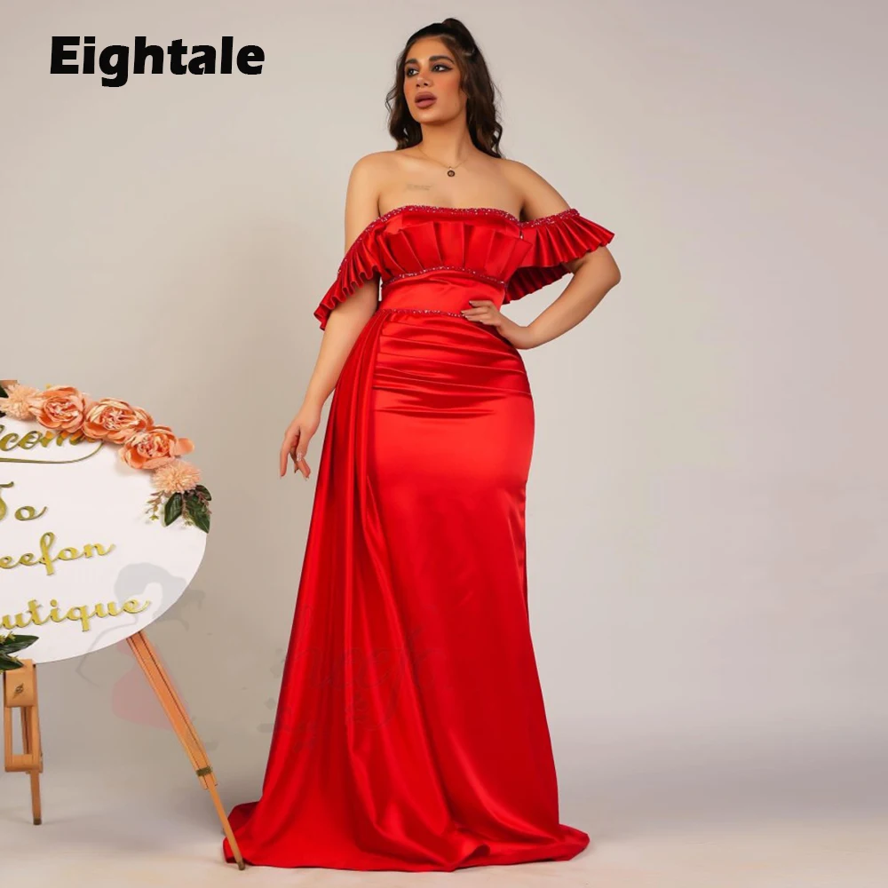 

Eightale Arabic Prom Dresses Satin Red Off the Shoulder Pleats Evening Gown for Wedding Mermaid Celebrity Party robe de soirée