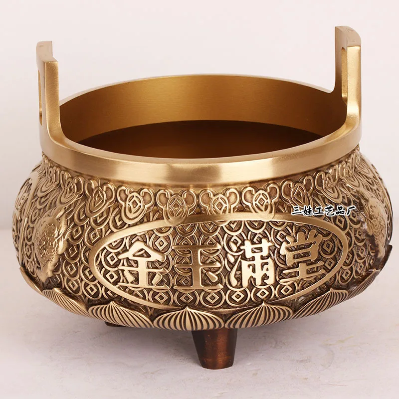 All Brass Gold and Jade Coin Direct Ear Censer Indoor Entrance Worship Incense Burner Copper Ornament