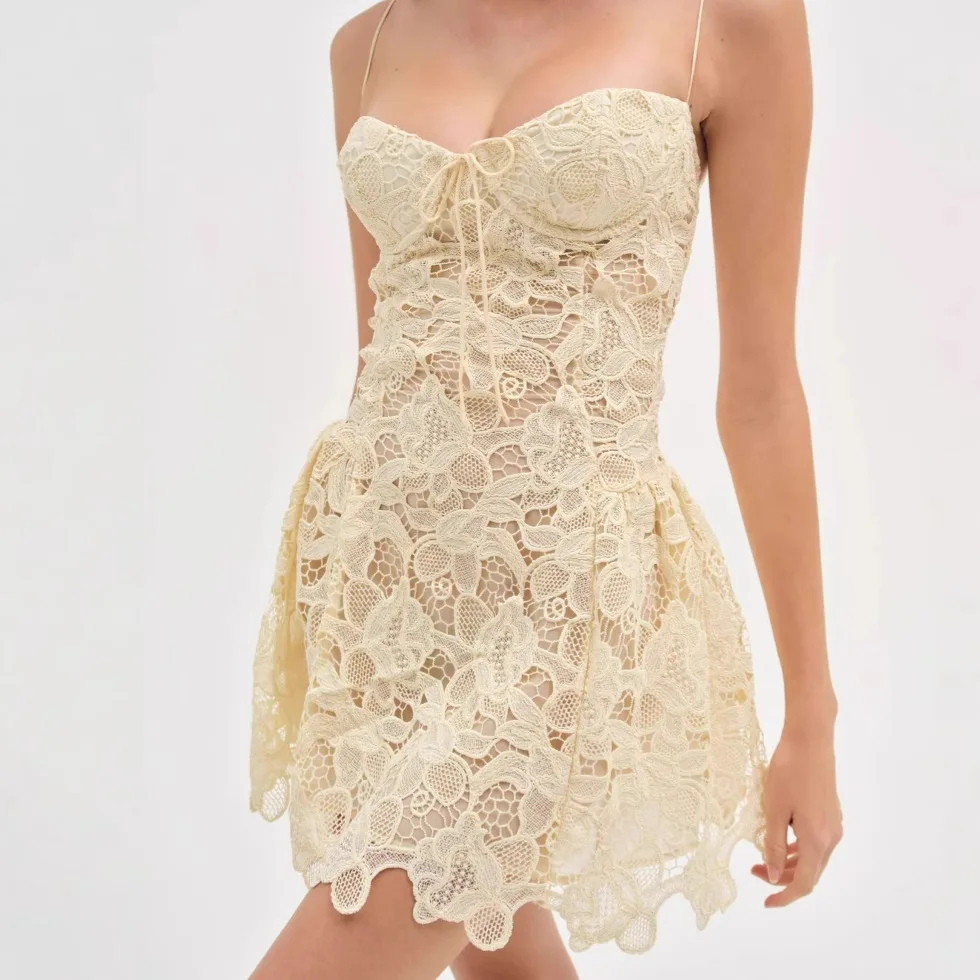 

Sexy Lace Elegant Dress Women Strap Slim Vintage Evening Party Mini Dress Female Bow Design Korea Style Chic Outfit