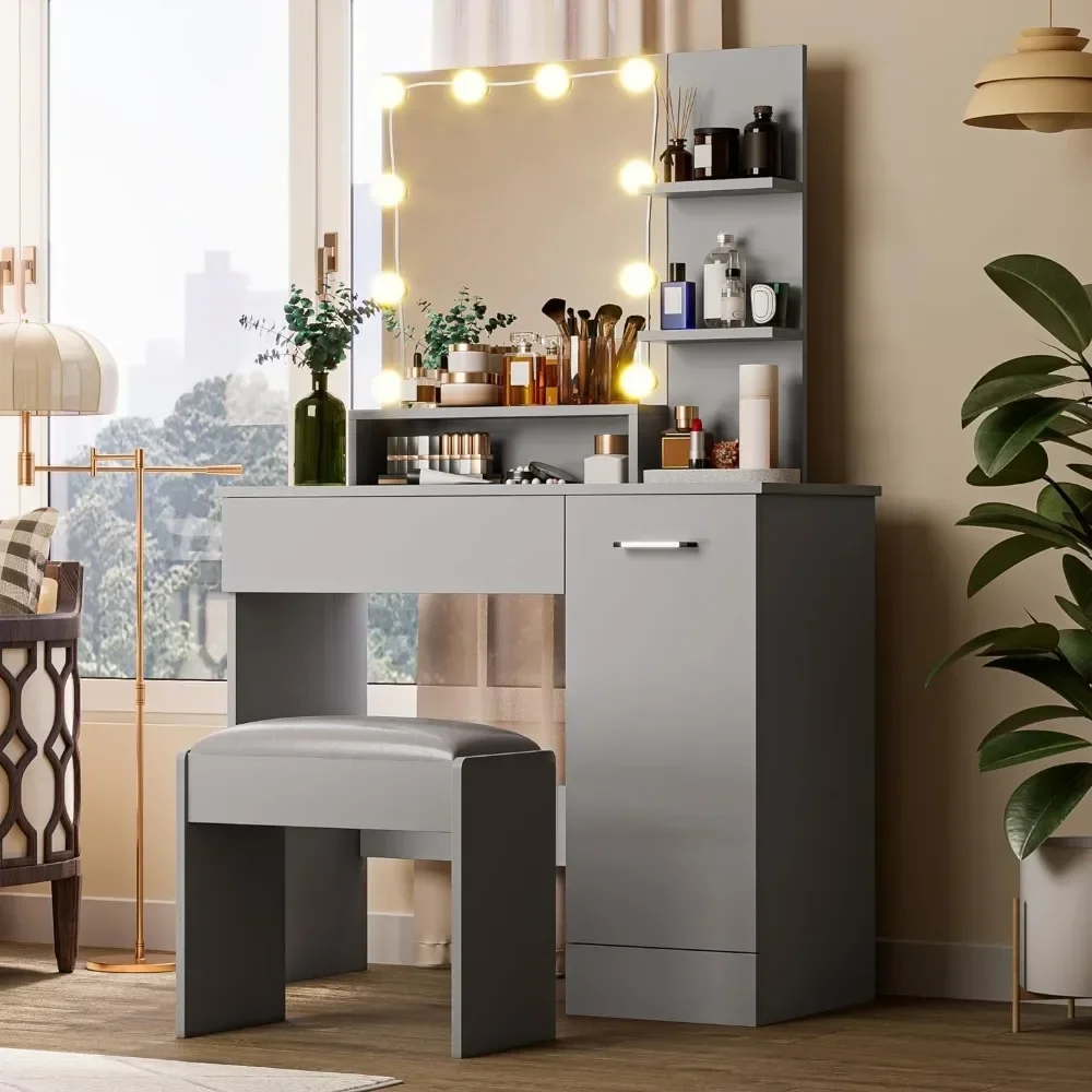 

-Desk Makeup Vanity Table Set With Drawer And Storage Cabinet Grey Vanity Table With DIY Lighted Mirror Dressers For Bedroom Hom