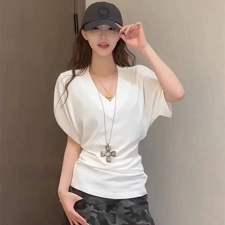 Women Short Sleeve Shirt Solid Color Dopamine Premium White Simple Oversized Bat Sleeve Top
