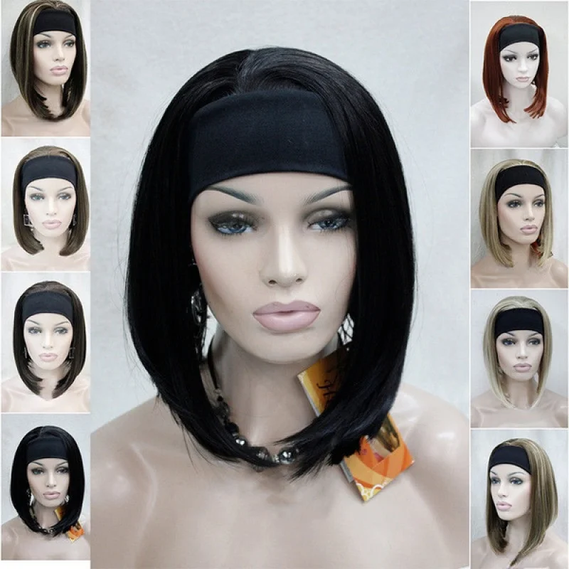 Women Short Straight Ladies Daily 3/4 Headband Half Wig Natural Hair Cosplay Wig