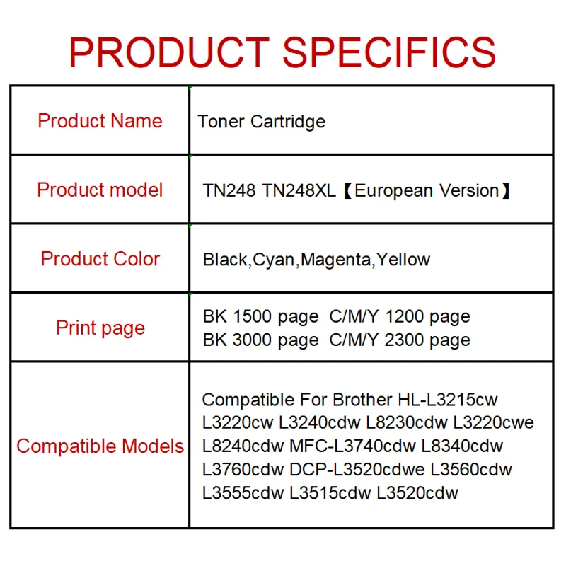 European TN248 TN248XL Toner Cartridge Compatible for Brother HL-L3215cw L3220cw L3240cdw L8230cdw L8240cdw MFC-L3740cdw Printer