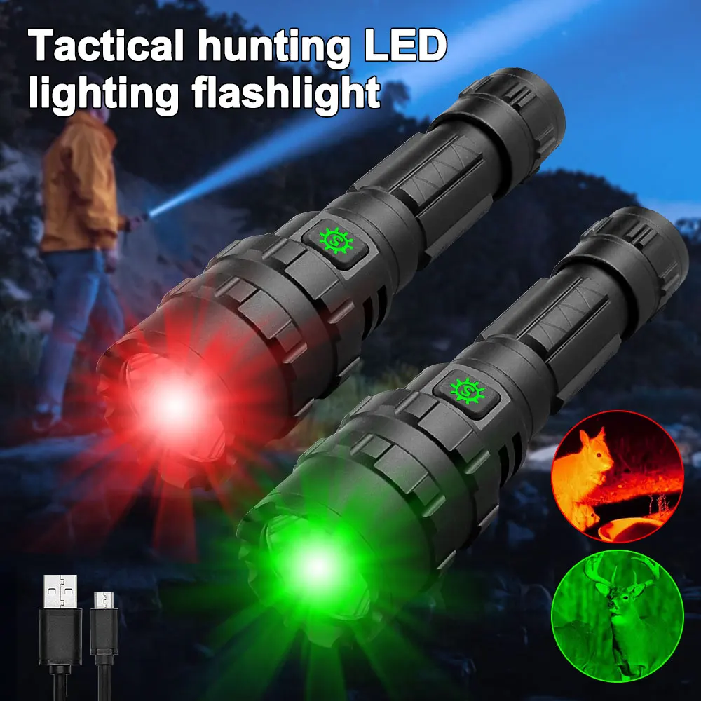 1800LM Tactical L2 LED Hunting Flashlight White/Green/Red Light USB Charging Lamp 5 Modes Torch Power by 18650 Battery