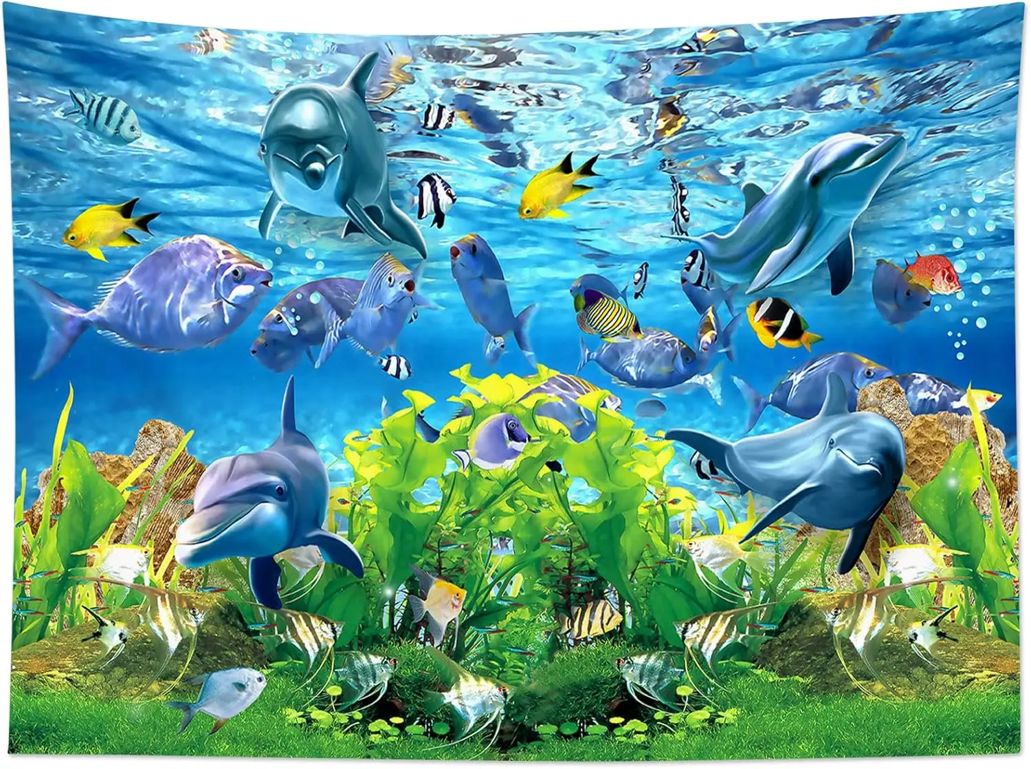 نسيج دولفين الأسماك الاستوائية والشعاب المرجانية في المحيط الأزرق جدار الفن الصيف طبيعة البحر المناظر الطبيعية نسيج الجدار الشنق ل