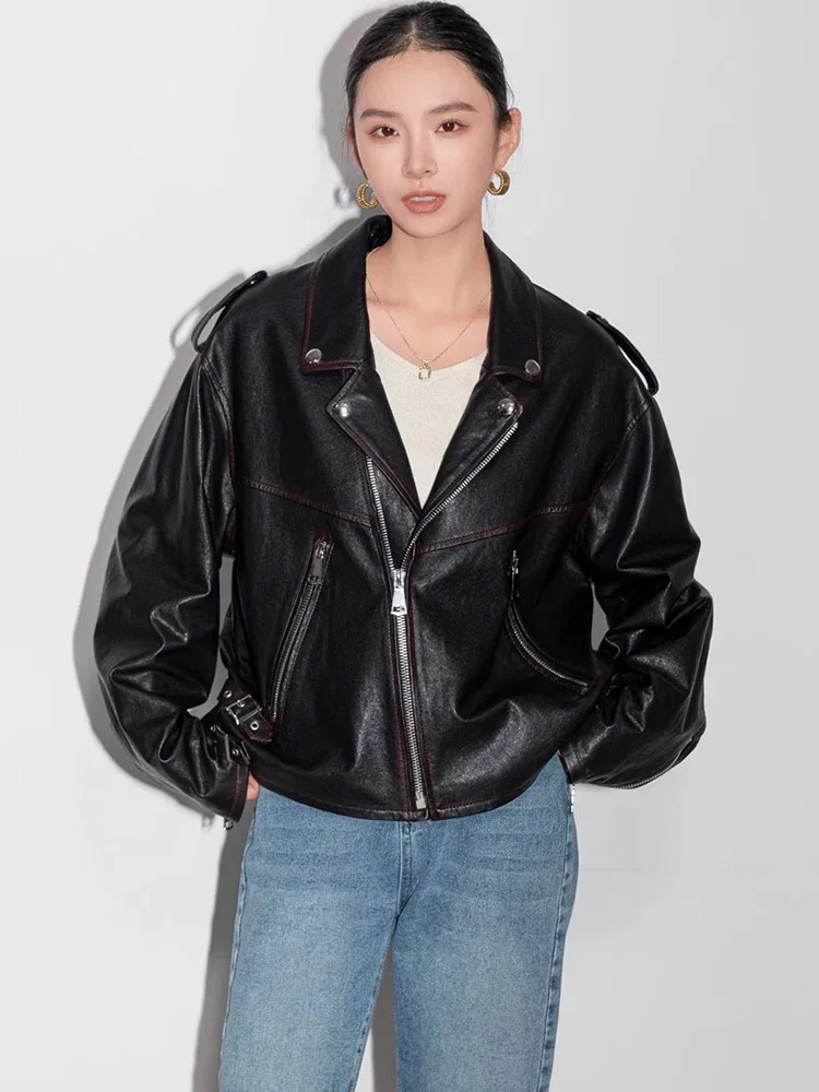 

Casual Genuine Leather Motorcycle Leather Jackets for Women Simple Loose Solid Soft Real Sheepskin Coat chaqueta cuero mujer