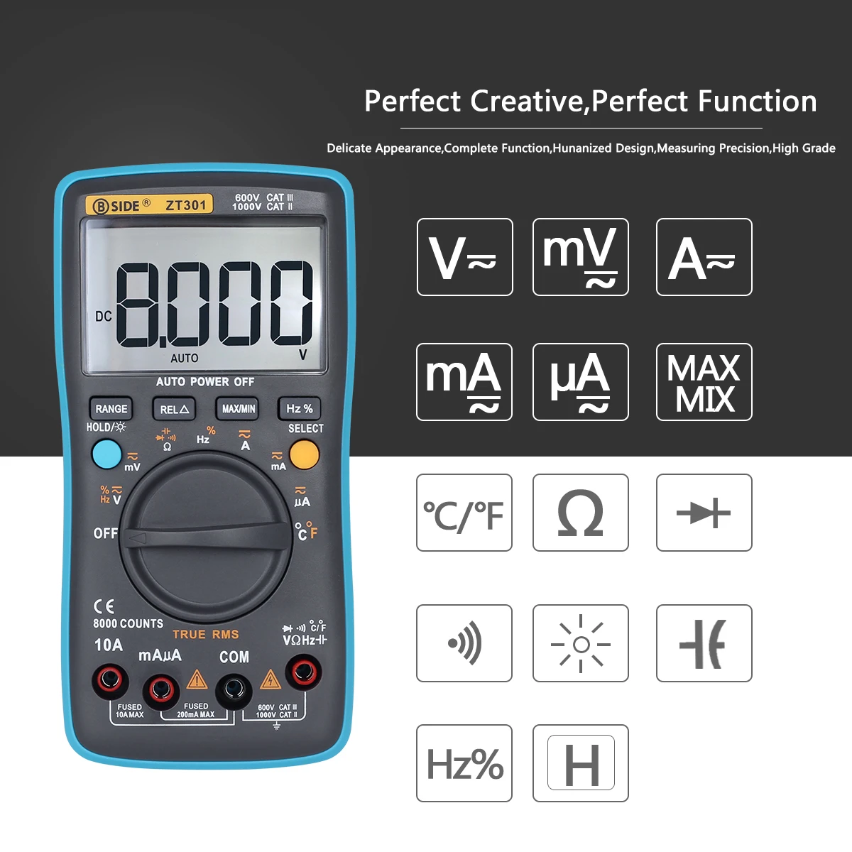 BSIDE Digital Multimeter ZT301 True-RMS DC/DA Voltmeter Ammeter Multimetro DMM Resistance Ohm Cap Hz Temp Tester