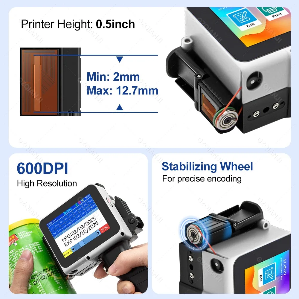 12.7mm Mini Inkjet Printer with Grips 28 Languages Coding Portable Machine for Plastic Text Label Batch Number Date Logo Print