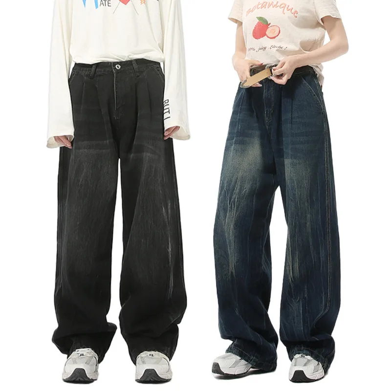 Colección de otoño para hombres, patrón lavado retro de moda, pierna recta ancha, pantalones vaqueros sueltos y versátiles para hombres y mujeres