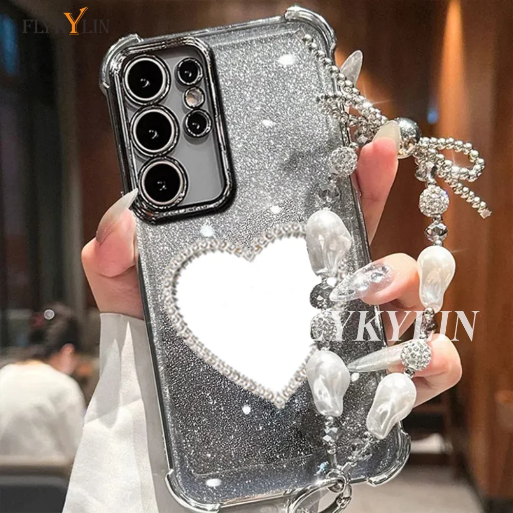 Luxus Armband Stoßfest Telefon Fall Für Xiaomi Redmi Hinweis 14 Pro 13 14 Pro Plus 14S 4G 5G Glitter Herz Spiegel Abdeckung