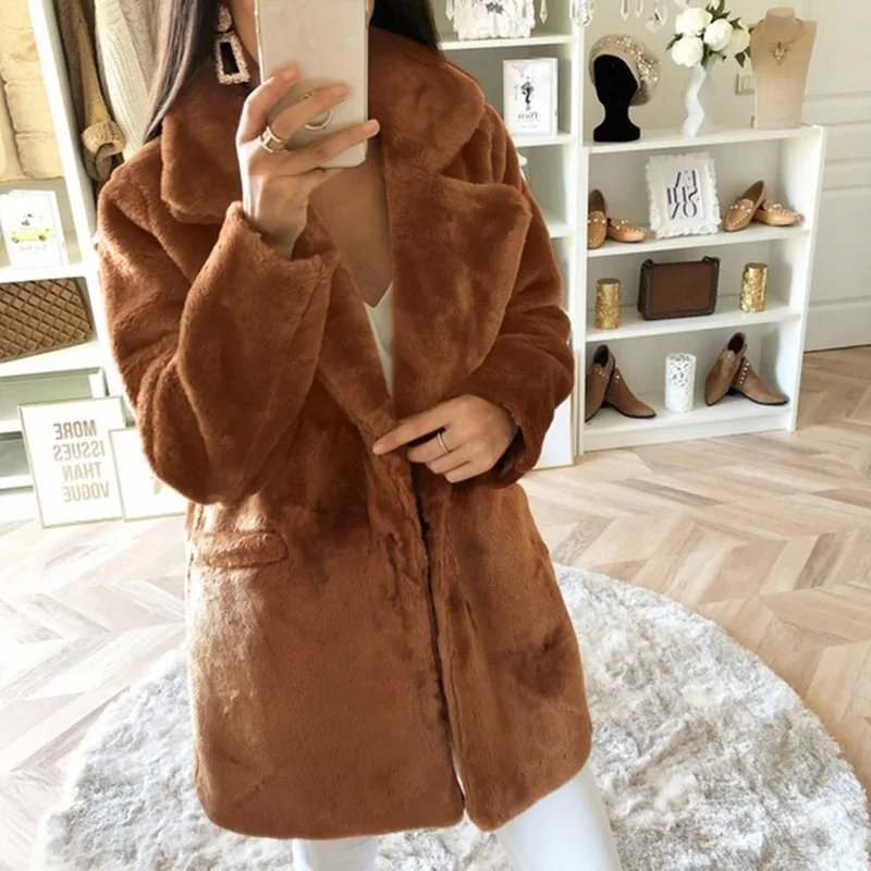New Woolen Women's Mid-length Casual Jacket Fashion Solid Color Loose Plush Coat Imitation Fur Coat  Autumn and Winter Wear
