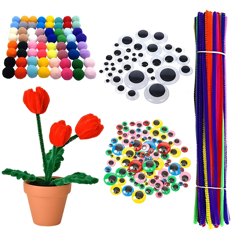 Chenille-Stick, handgefertigt, DIY-Set, bunte flauschige Kugeln, Augen, Bastelset, Artclass-Projekte, Party, Heimdekoration, Zubehör ZYF