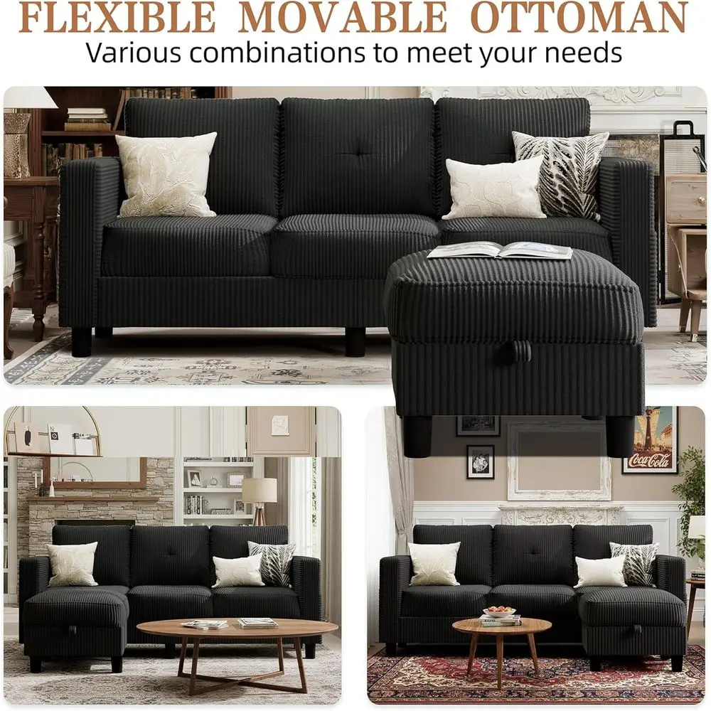 Sofá Seccional Estofado de 76 polegadas, Sofá em L com Puff de Armazenamento e Chaise Reversível para Sala de Estar, Veludo Preto