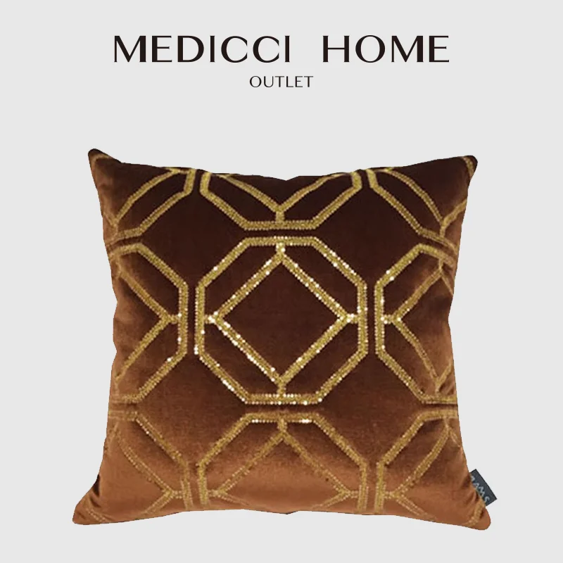 

Medicci Home Italian Brown Velvet Decorative Cushion Cover With Gold Sequin Geometry Embroidery Pillowcase For Villa Hotel House