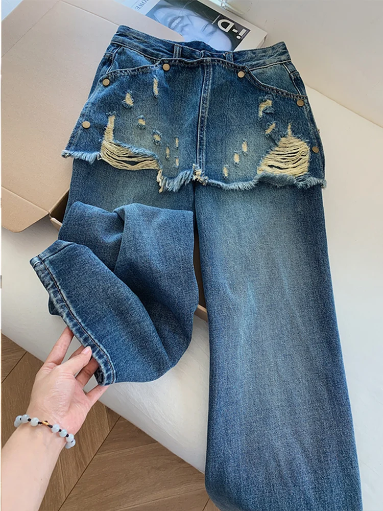 High Waist Wide Leg Denim Jeans Women's Autumn Korean Sle Waed Ripped Casual Straight Floor-Length Pants Commute Sle