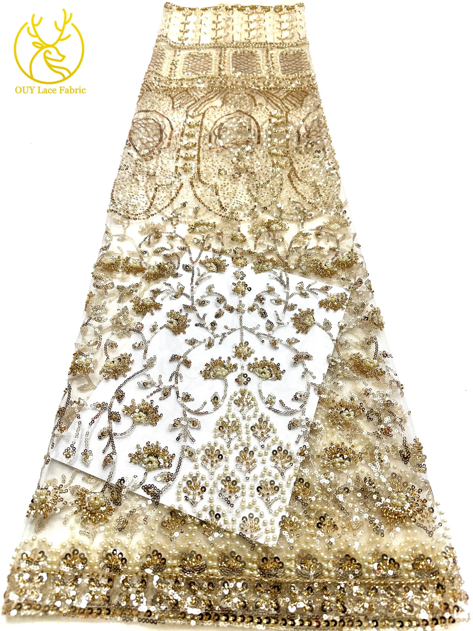 Afrikanischer Perlenstickerei-Spitzenstoff 2026 Hochwertiger Nigerianischer Pailletten-Spitzenstoff Französischer Braut-Hochzeits-Abendkleid-Nähstoff 5Y – Detail 16