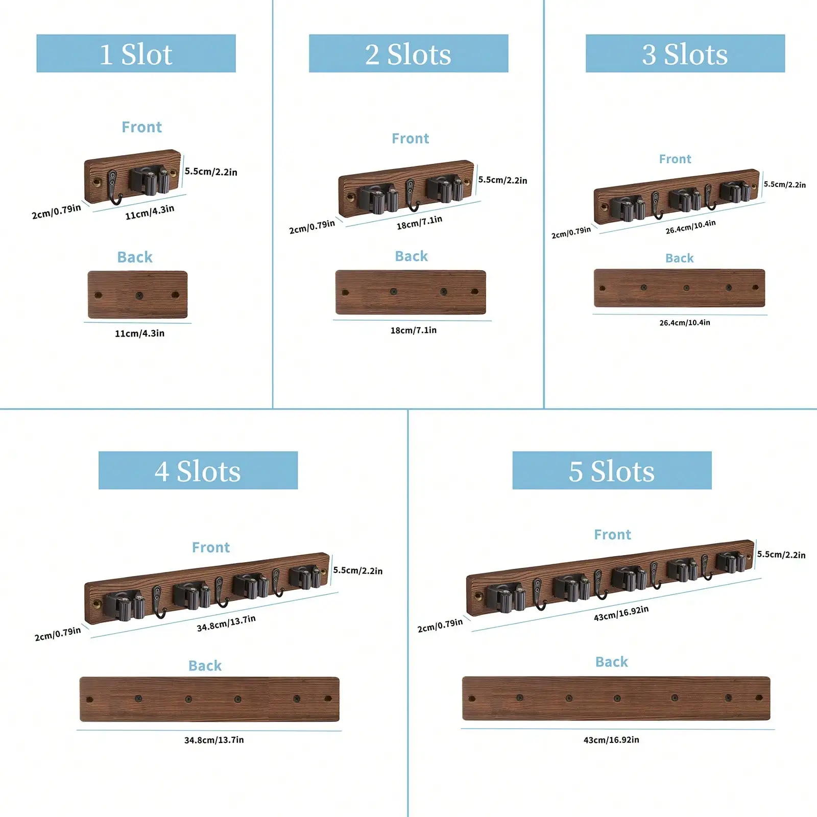 Mop Broom Holder Heavy Duty Stainless Steel WOODEN Wall Mounted Tool Organizer with Hooks for Home Bathroom Kitchen Garden - view 4