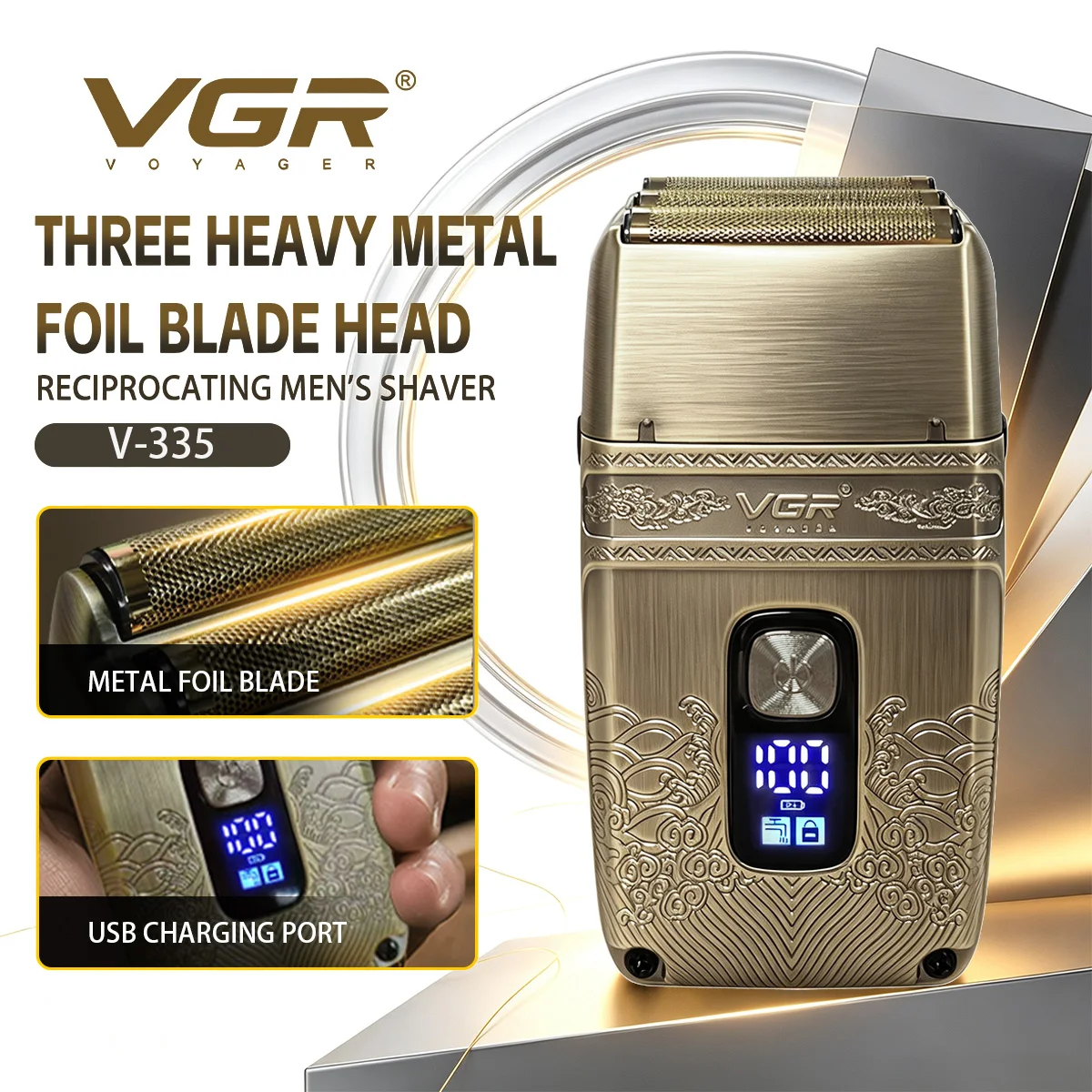 VGR Shaver Professional Electric Razor Shaving Machine Waterproof Beard Trimmer Metal Razor Digital Display Shaver for Men V-335