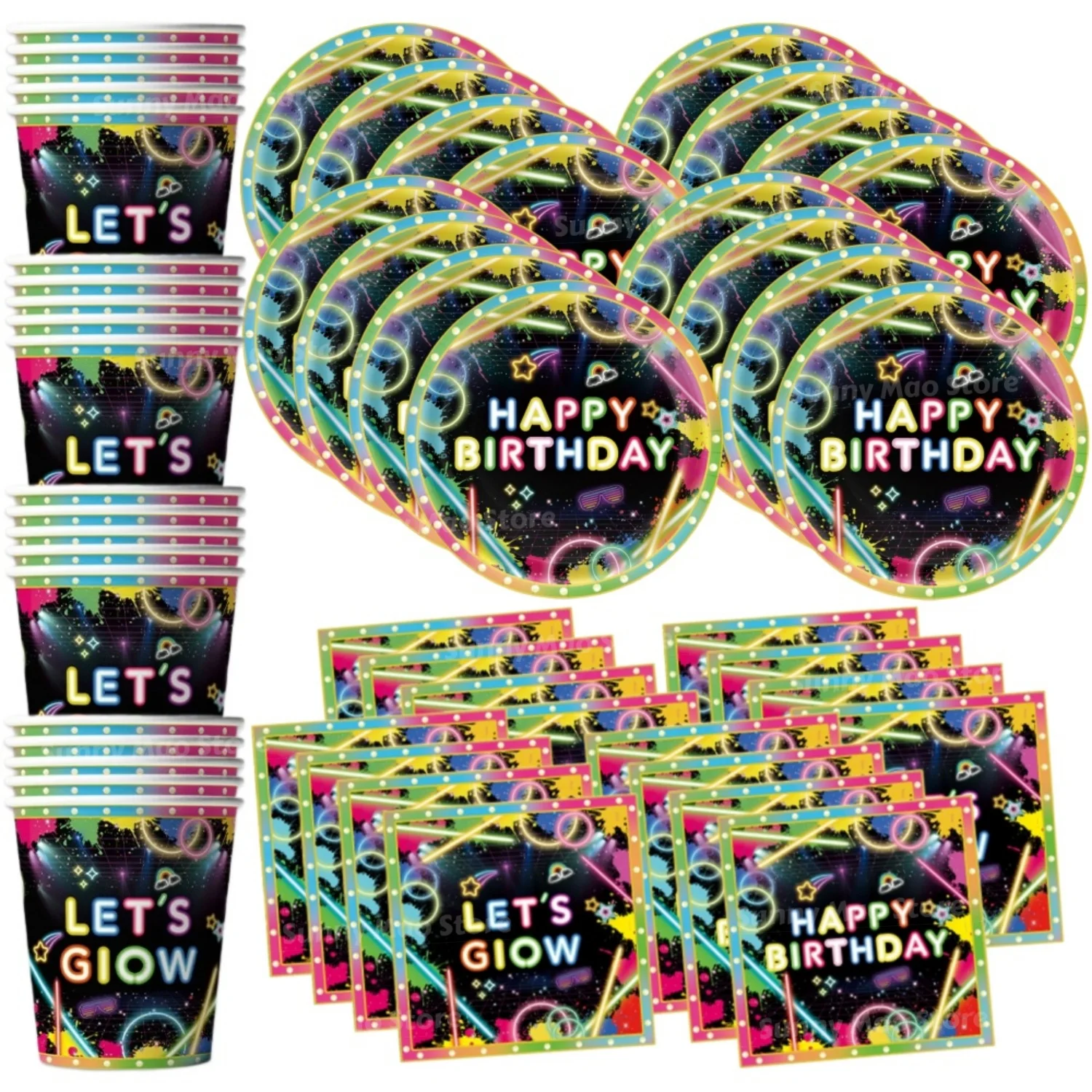 60Pcs Neon Glow Birthday Party Supplies Set Includes Paper Plates Cups Napkins Disposable Tableware for 20 Guests Decorations