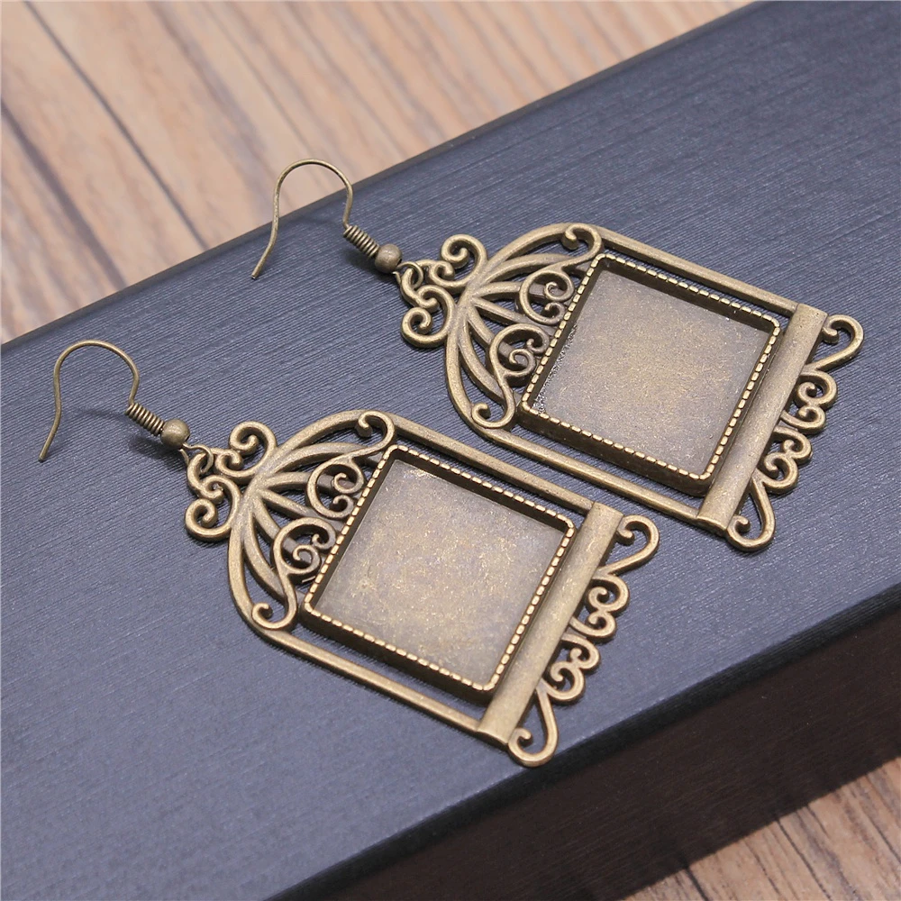 Vintage Antique Bronze Color 20mm Square Birdcage Style Cameo Cabochon Pendant Base Setting Dangle Earrings