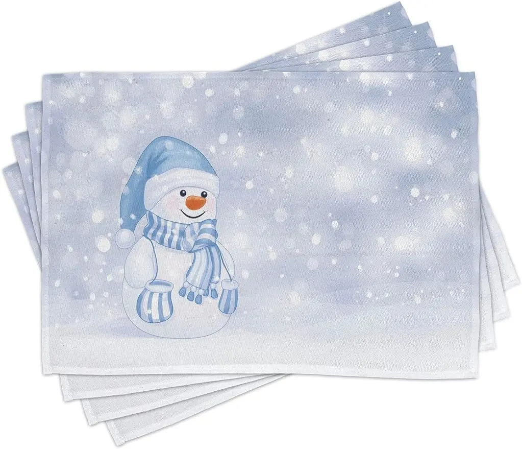 Winter Place Mats Set of 4 Design Happy Snowman Cartoon Style Merry Christmas Washable Fabric Placemats for Dining Table 12x8in