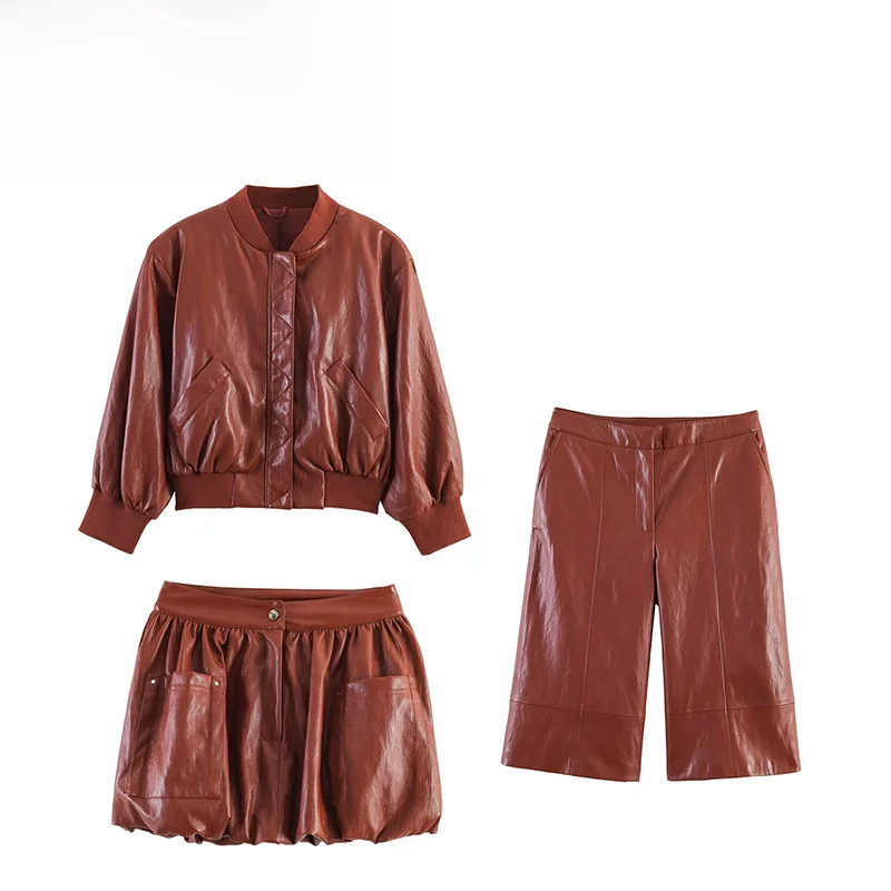 

Fashionable Shoulder Padded Jacket Shorts Skirt Set ZR Spring New Arrival Women's Polyester Fiber Long Sleeve Three Piec...