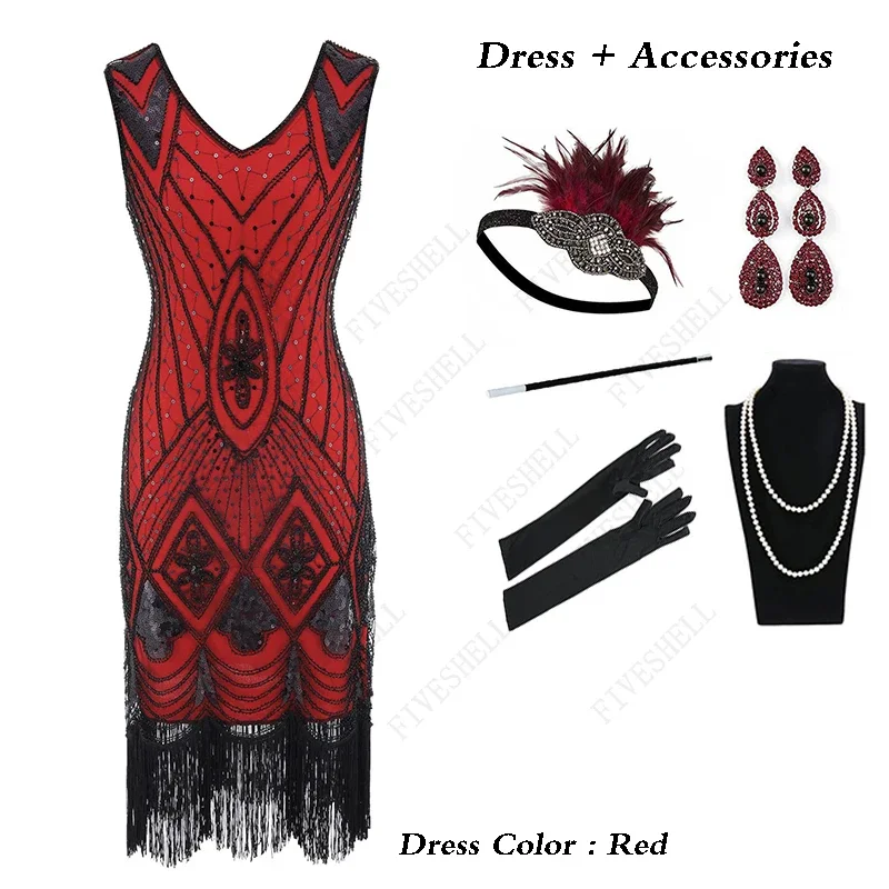 Women 1920s Flapper Dresses Set Vintage Great Gatsby Vestidos Sequins Dress V-Neck Tassels Bodycon Beaded Party Cosplay Costume