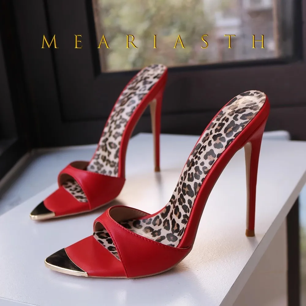 

Red Stiletto Slippers Women Party Shoes Gold Pointed Toe Slip-On Sandals Designer 2025 Summer 12CM Female High Heels Size 35-44