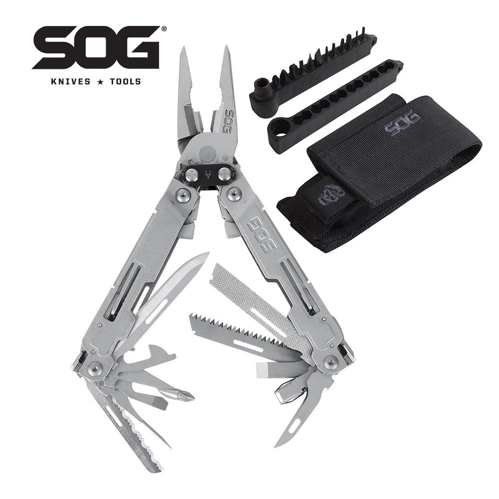 SOG PowerAccess Deluxe 21 en 1, Alicates Multiherramienta Profesionales, Navaja Plegable de Acero Inoxidable, Herramientas Manuales con Funda y Kit de Puntas Hexagonales